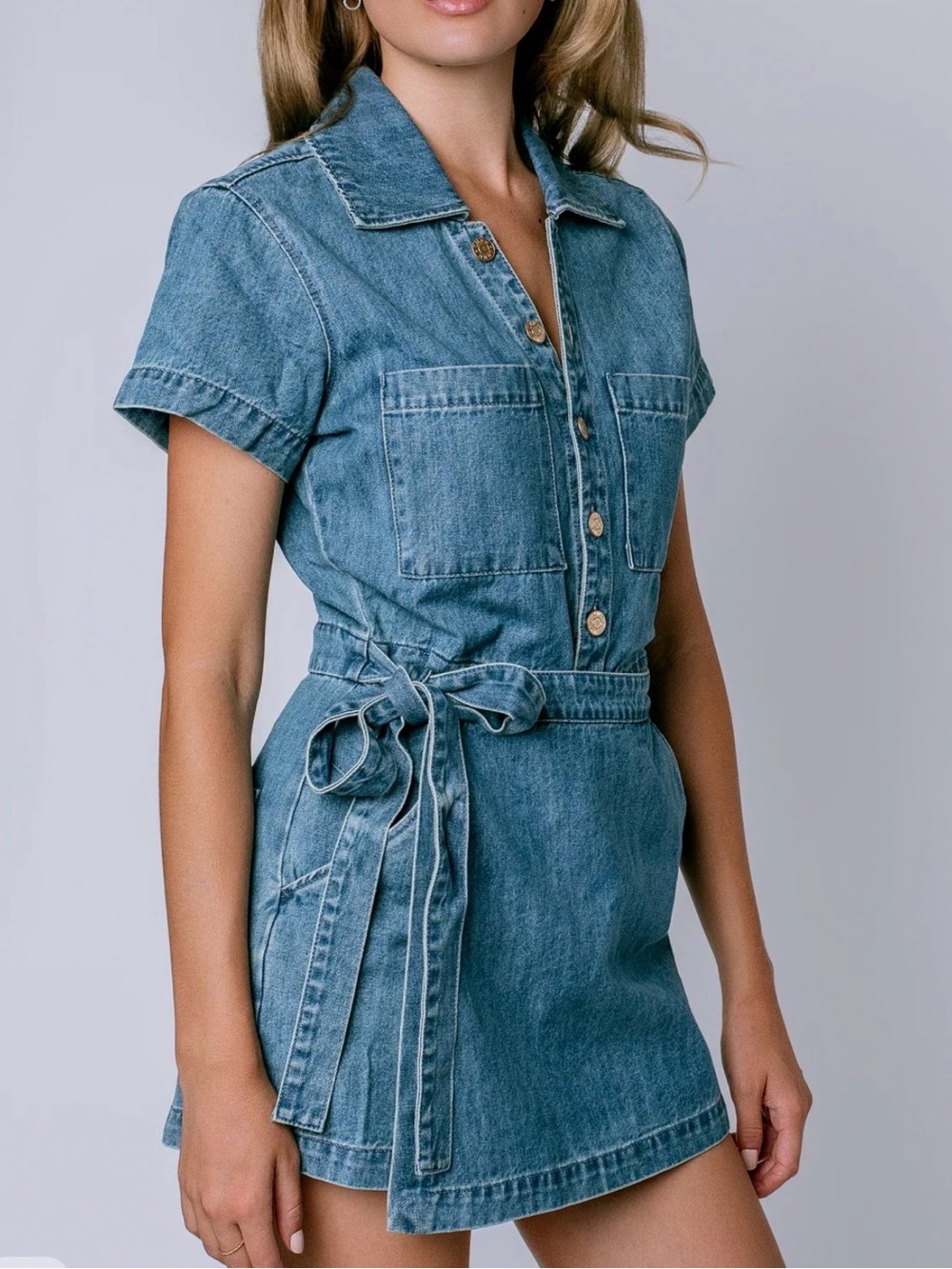 Show Me Your MuMu Stateside Romper in Hazy Blue Denim